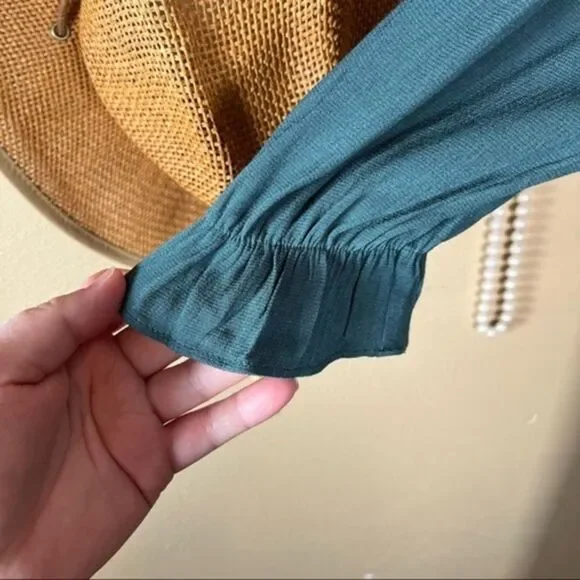 SEE U SOON | Puff Sleeve Emerald Smocked Oversized Wrap Dress - Picture 12 of 14